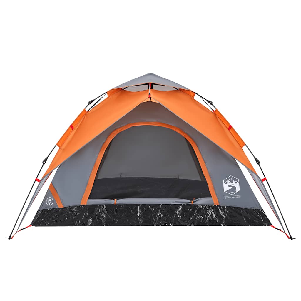 Detail van de vidaXL koepeltent in grijs en oranje, met open ingang en ventilatierooster.