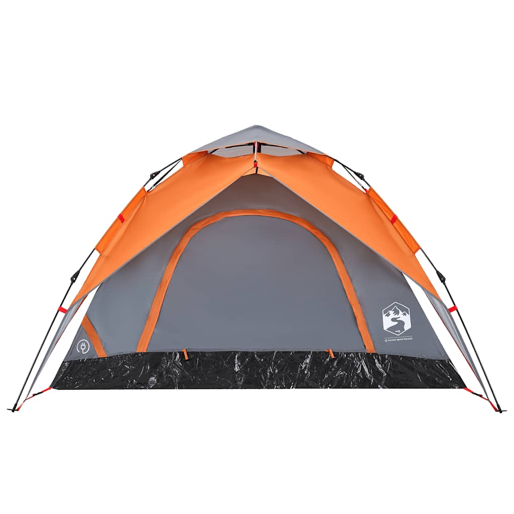 Detail van de vidaXL koepeltent met grijze en oranje kleuren, zijaanzicht van de ingang.