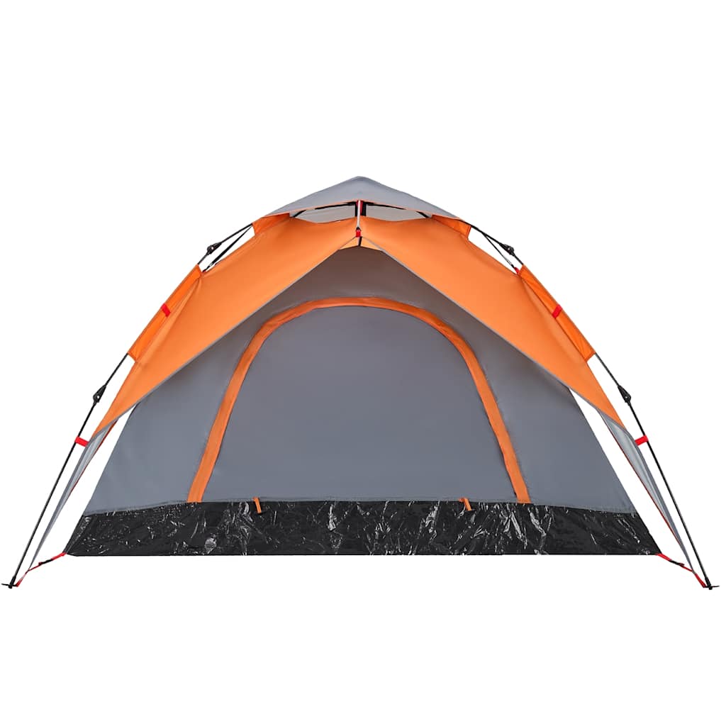 Detail van de grijze vidaXL koepeltent met oranje accenten, zijaanzicht met open ingang.