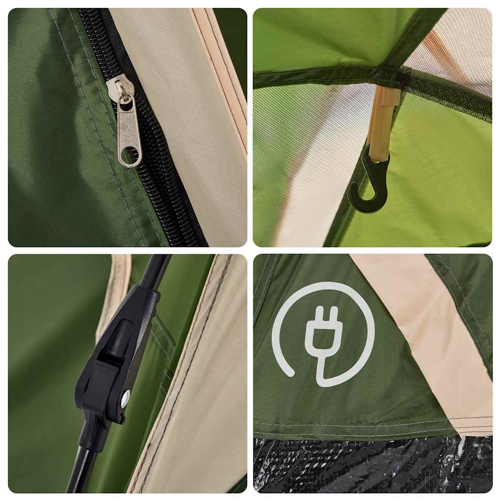 Detail van de groene vidaXL koepeltent met rits, bevestigingshaak en snelspansysteem.