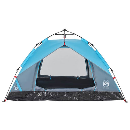 Zijaanzicht van de vidaXL koepeltent in blauw met snelontgrendeling en gaasopening.