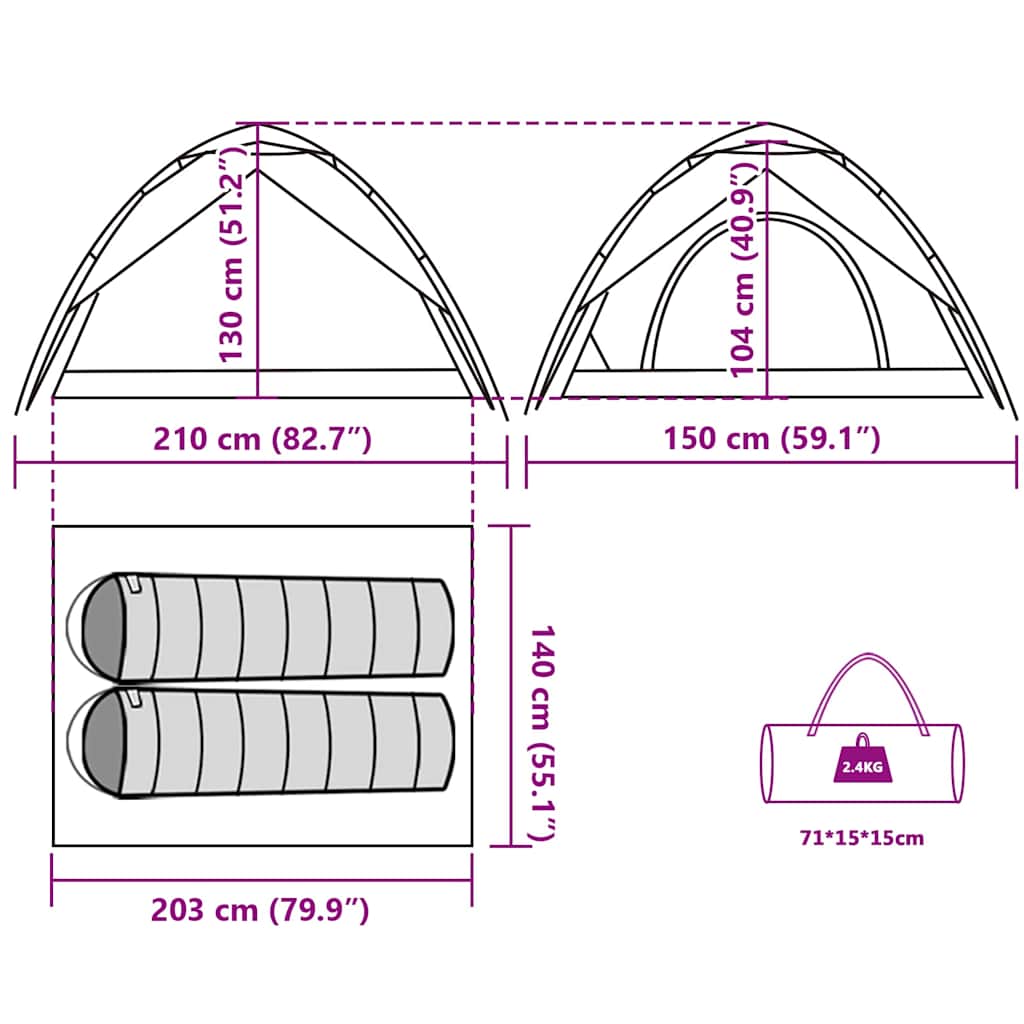 Detail van de afmetingen en indeling van de vidaXL 2-persoons koepeltent.