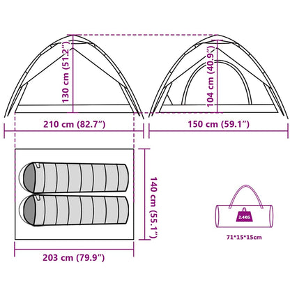 Detail van de afmetingen en indeling van de vidaXL 2-persoons koepeltent.
