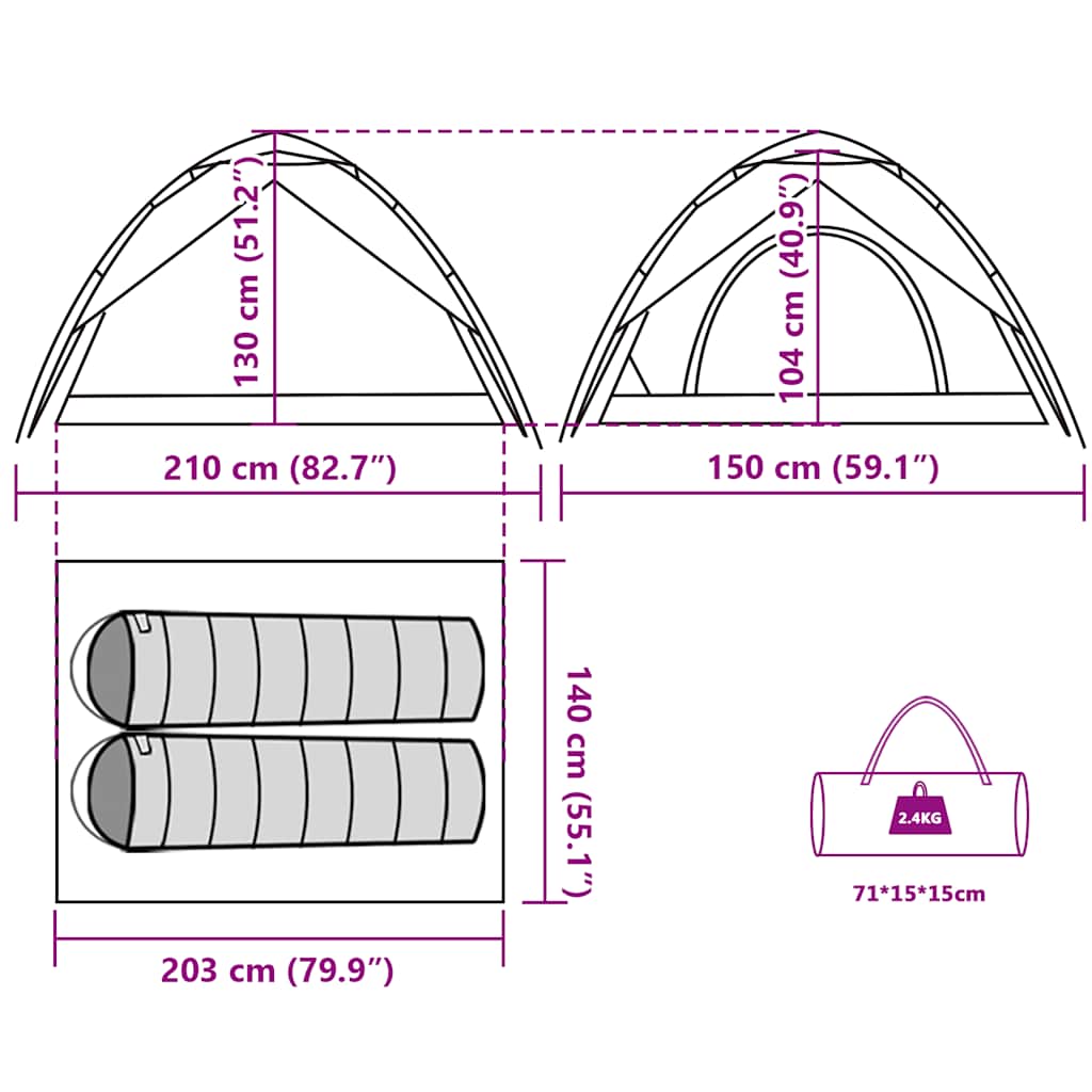 Detail van de afmetingen en indeling van de vidaXL koepeltent voor 2 personen.