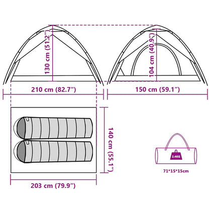 Detail van de afmetingen en indeling van de vidaXL koepeltent voor 2 personen.