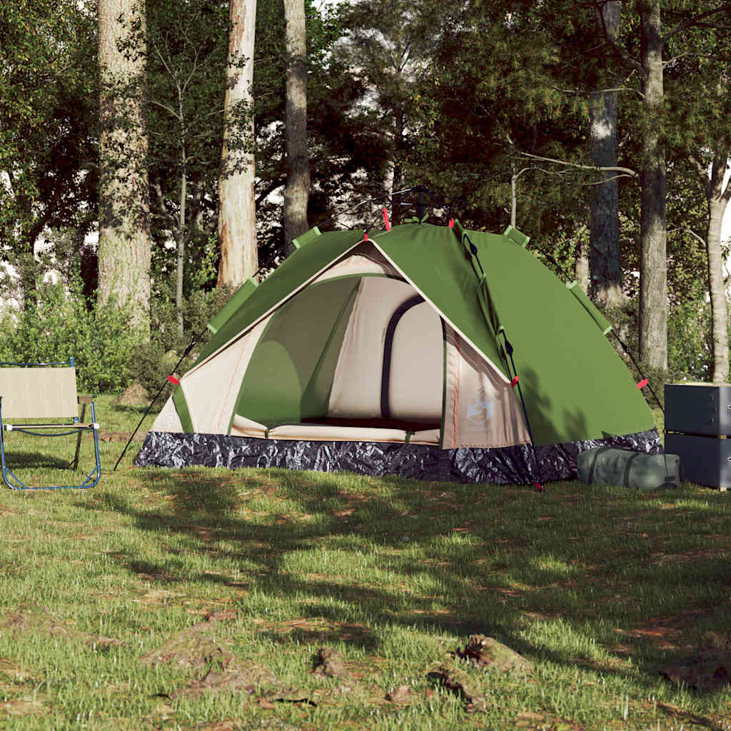 Detail van de vidaXL koepeltent in groen, met open ingang en zicht op de binnenruimte.