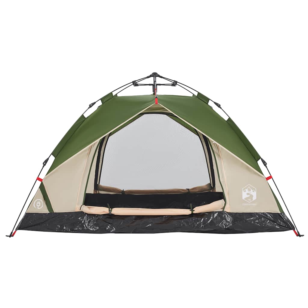 Detail van de vidaXL koepeltent met groen en beige kleur, zijaanzicht met open ingang.