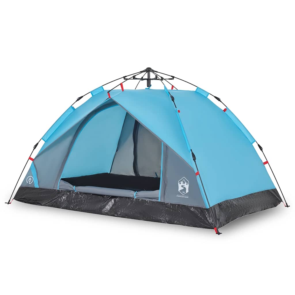 Detail van de blauwe vidaXL koepeltent met snelontgrendeling en ventilatieroosters.