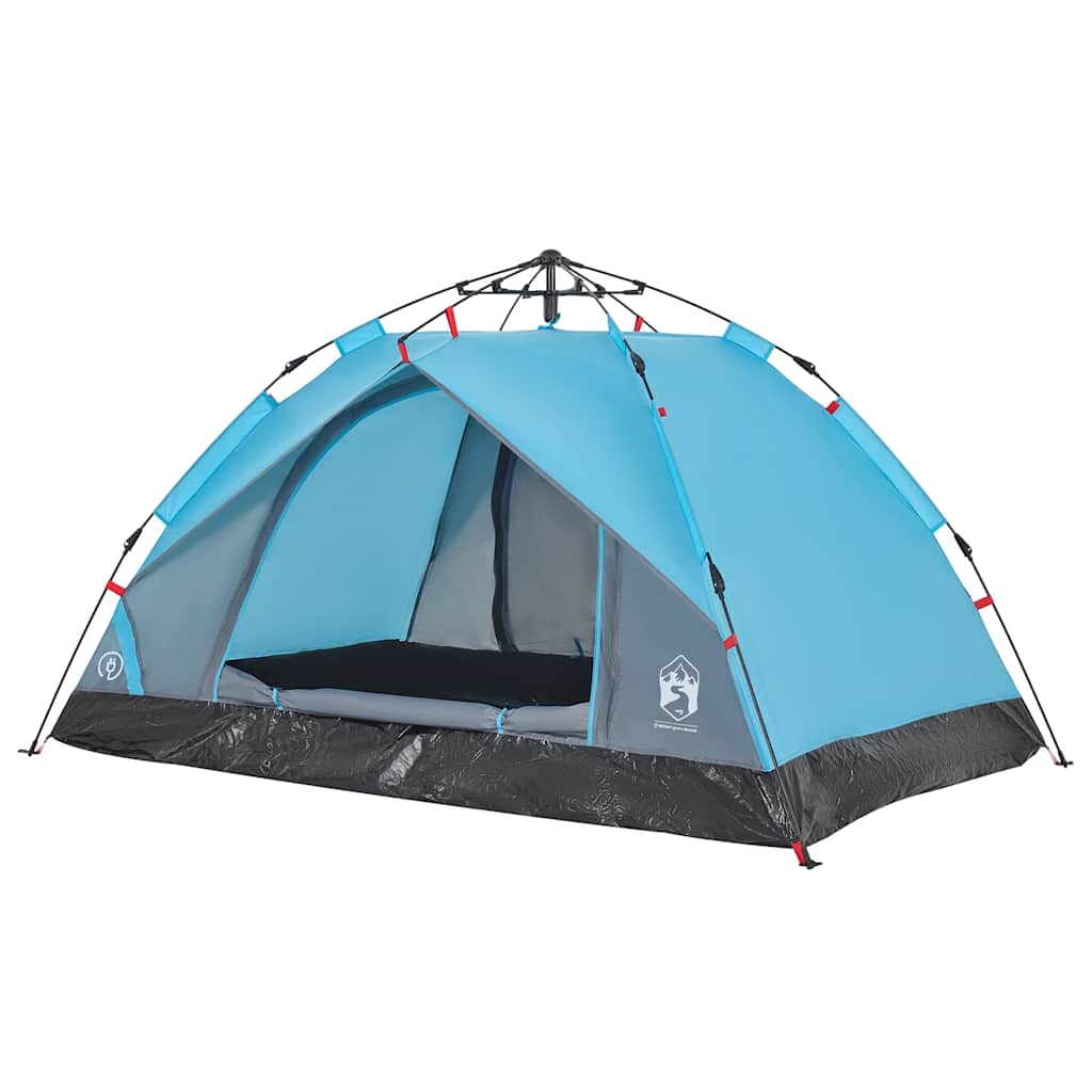 Detail van de vidaXL koepeltent in blauw met open ingang en ventilatieroosters.