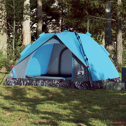 Blauwe vidaXL koepeltent voor 3 personen met snelontgrendeling, geopend in een bosrijke omgeving.