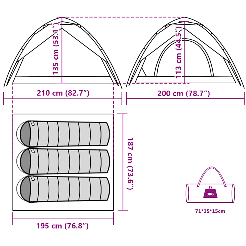 Detail van de afmetingen en indeling van de vidaXL koepeltent voor 3 personen.