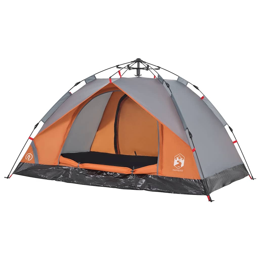 Detail van de grijs-oranje vidaXL koepeltent met open ingang en gaaswanden.