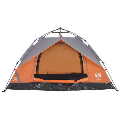 Detail van de vidaXL koepeltent in grijs en oranje, met open ingang en gaaswanden.