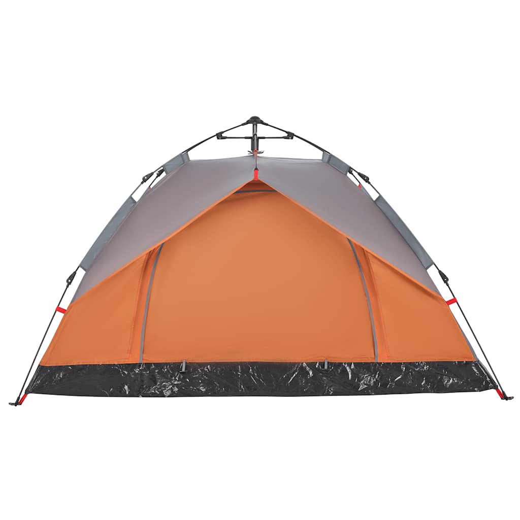Detail van de vidaXL koepeltent met grijze en oranje kleuren, zijaanzicht van de ingang.