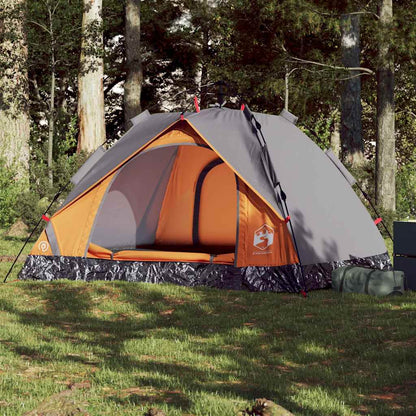 Koepeltent vidaXL 3-persoons in grijs en oranje, met open ingang en comfortabele binnenruimte.