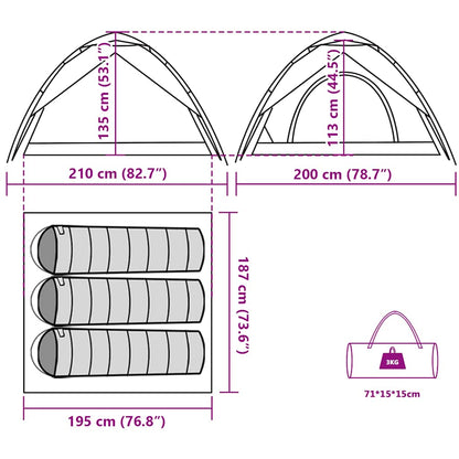 Detail van de afmetingen van de vidaXL 3-persoons koepeltent met verduisterende stof.