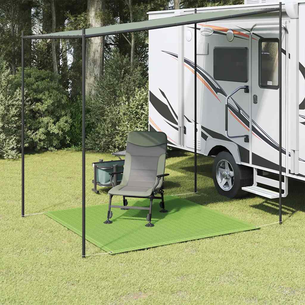 Lichtgroen vidaXL tenttapijt van 200x200 cm onder een caravanluifel met stoel en tafel.