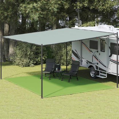 Lichtgroen vidaXL tenttapijt van 400x500 cm onder een caravanluifel met stoelen.