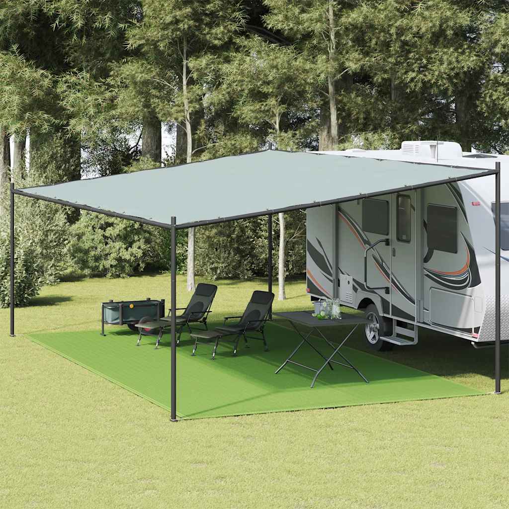 Lichtgroen vidaXL tenttapijt 400x600 cm onder een caravanluifel met stoelen en tafel.