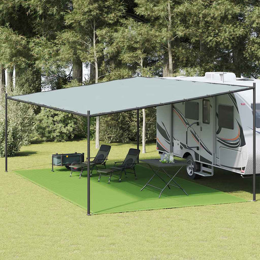 Lichtgroen vidaXL tenttapijt 400x800 cm onder een caravanluifel met stoelen en tafel.