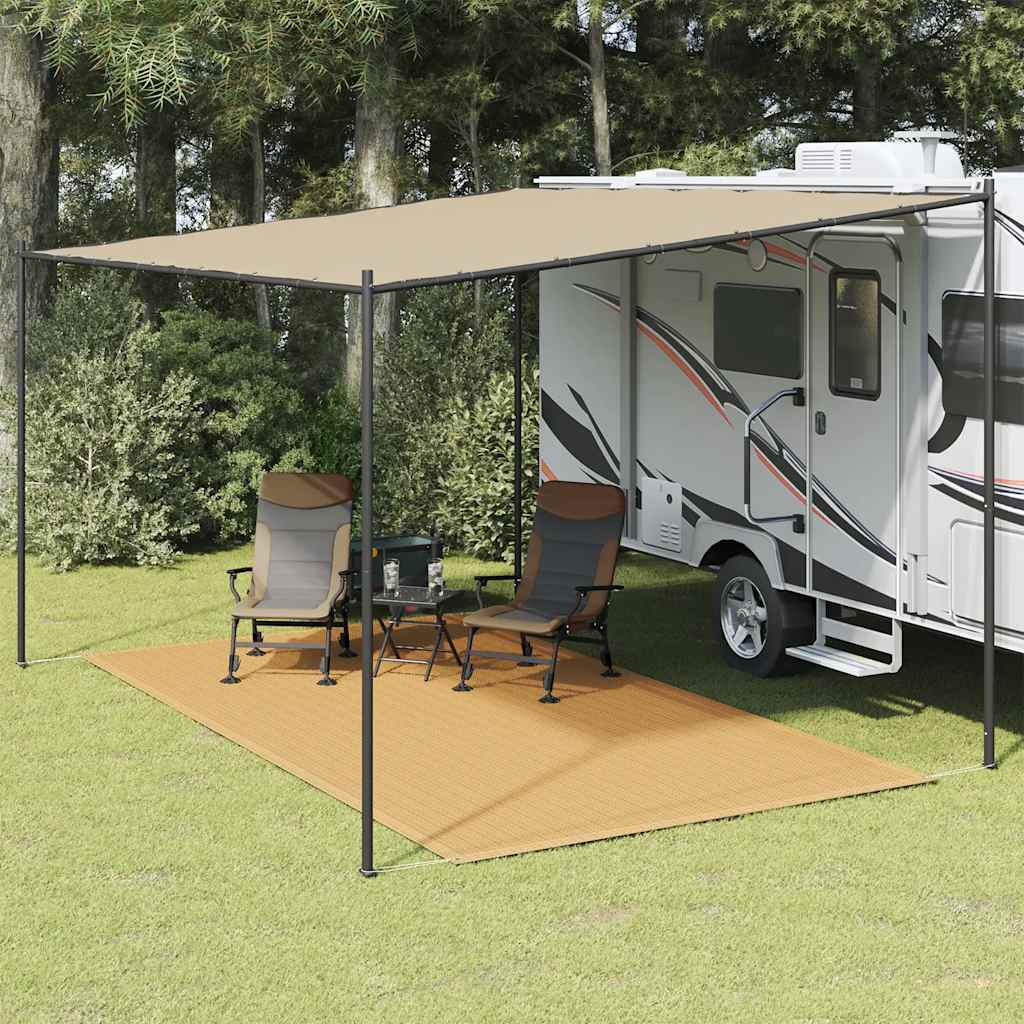 Zandkleurig vidaXL tenttapijt van 200x300 cm onder een caravanluifel met stoelen.