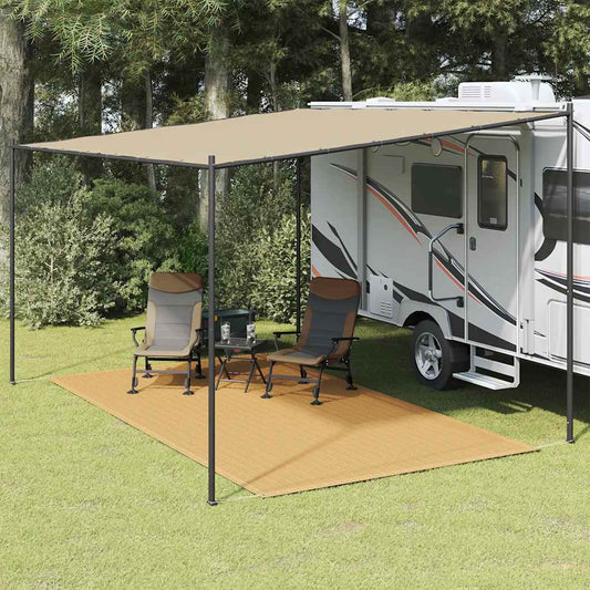 Zandkleurig vidaXL tenttapijt van 200x300 cm onder een caravanluifel met stoelen.