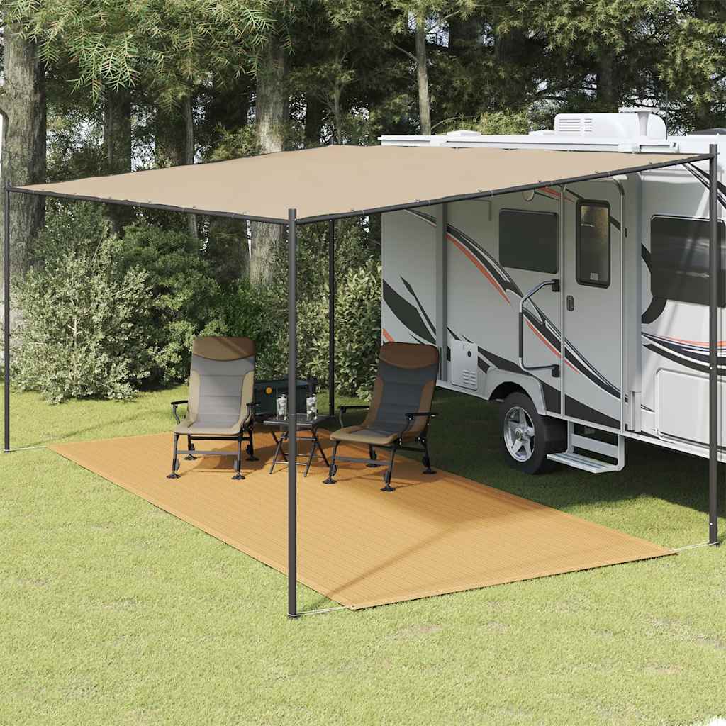 vidaXL tenttapijt 250x600 cm in zandkleur, geplaatst onder een caravanluifel met stoelen.