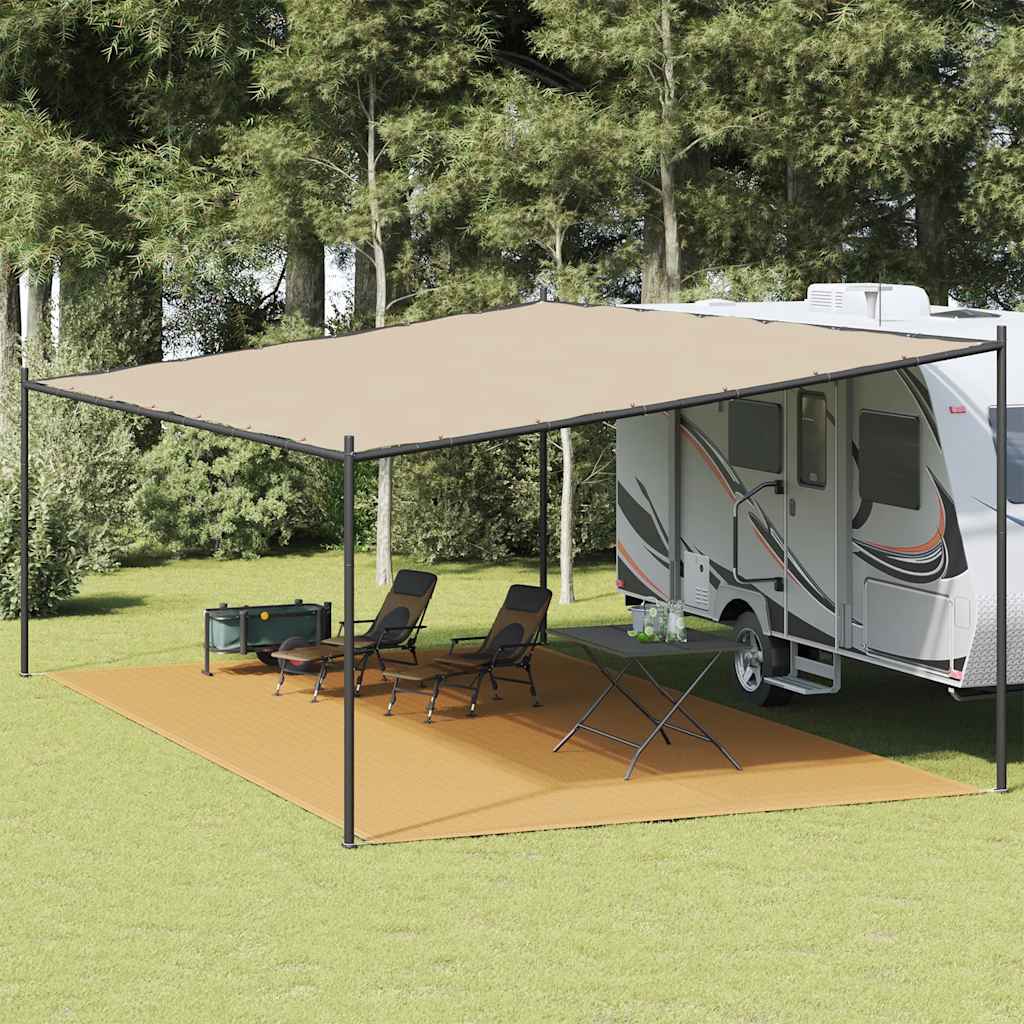 Zandkleurig vidaXL tenttapijt van 400x800 cm onder een caravanluifel in de natuur.