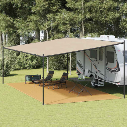 Zandkleurig vidaXL tenttapijt van 400x800 cm onder een caravanluifel in de natuur.