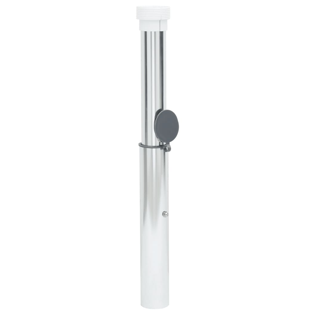 Detail van de zilveren vidaXL parasolvoet met bevestigingsmechanisme en aluminium buis.
