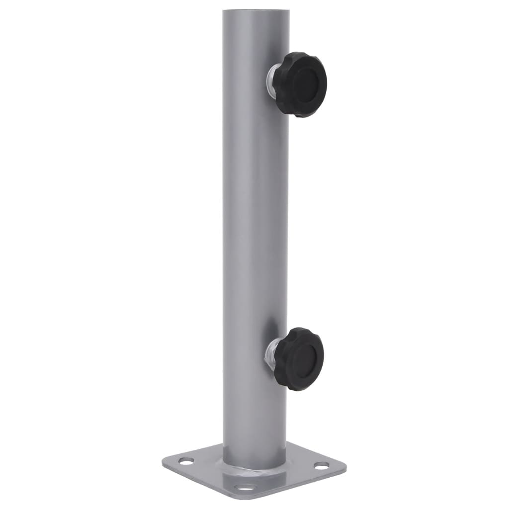 Zilverkleurige vidaXL parasolvoet voor Ø32/34/38 mm stok met stevige basis en bevestigingsknoppen.