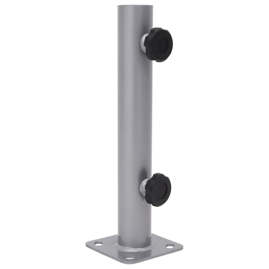 Zilverkleurige vidaXL parasolvoet voor Ø32/34/38 mm stok met stevige basis en bevestigingsknoppen.