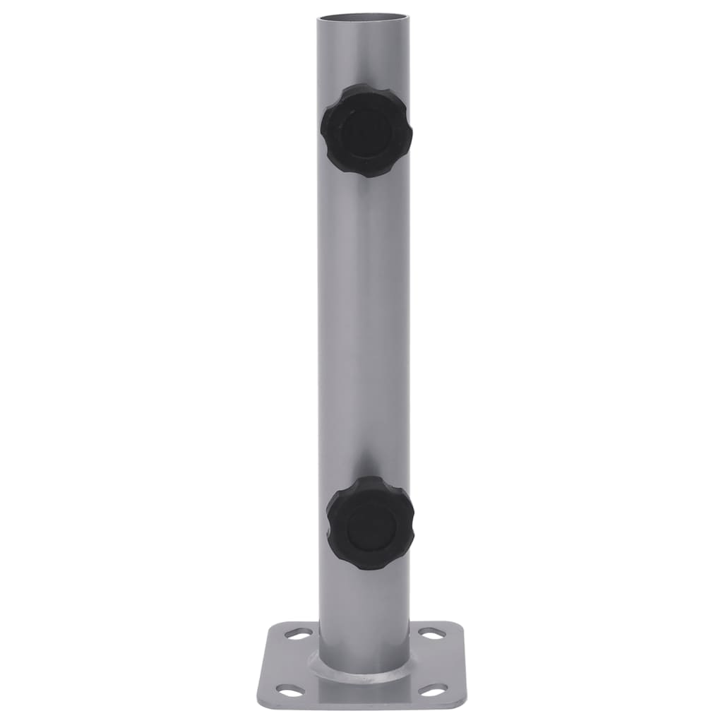 Detail van de zilverkleurige vidaXL parasolvoet met bevestigingsschroeven en stevige basis.