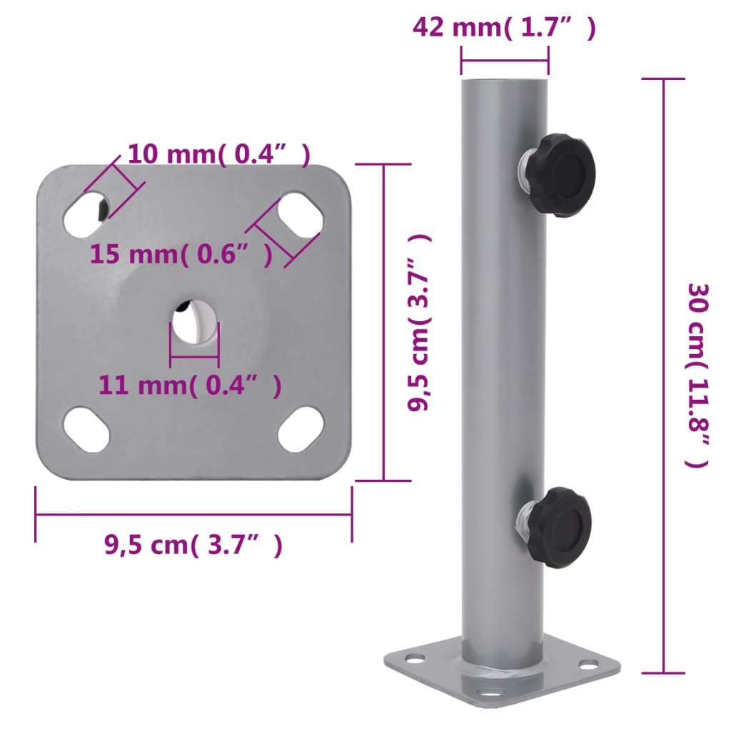 Detail van de zilverkleurige vidaXL parasolvoet met afmetingen en bevestigingspunten.