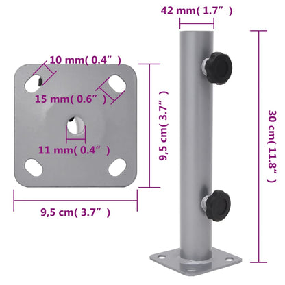 Detail van de zilverkleurige vidaXL parasolvoet met afmetingen en bevestigingspunten.