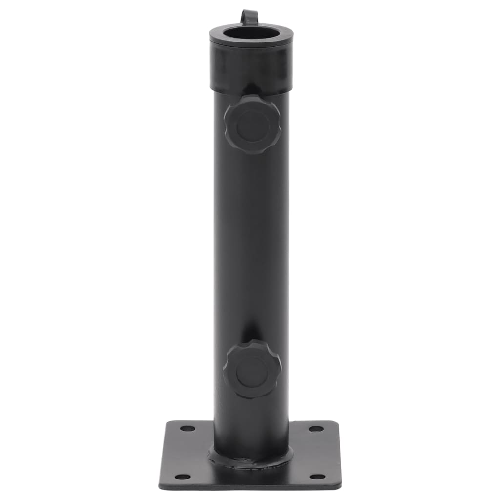 Detail van de matzwarte vidaXL parasolvoet met bevestigingsmechanisme voor Ø38/48 mm stok.