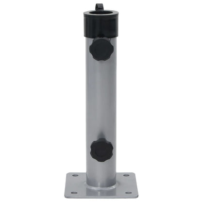 Zijaanzicht van de zilverkleurige vidaXL parasolvoet voor stokken van 38/48 mm.