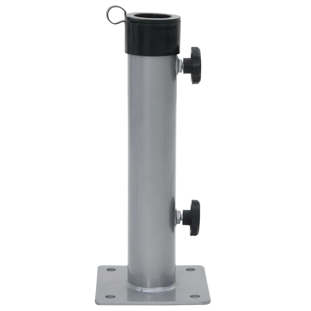 Detail van de zilverkleurige vidaXL parasolvoet met verstelbare klemmen en stevige basis.