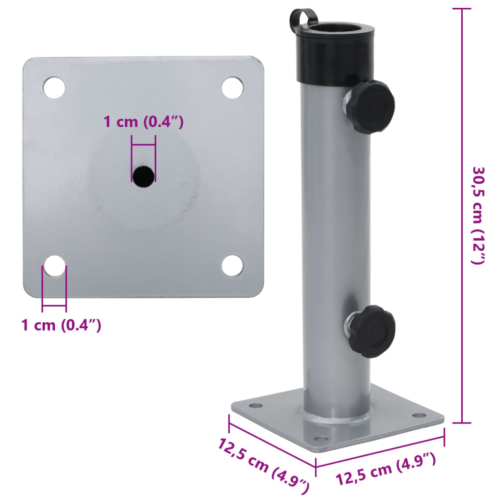 Detail van de zilverkleurige vidaXL parasolvoet met bevestigingsschroeven en vierkante basis.
