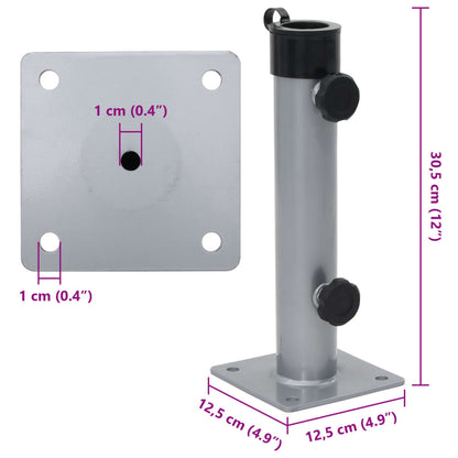 Detail van de zilverkleurige vidaXL parasolvoet met bevestigingsschroeven en vierkante basis.