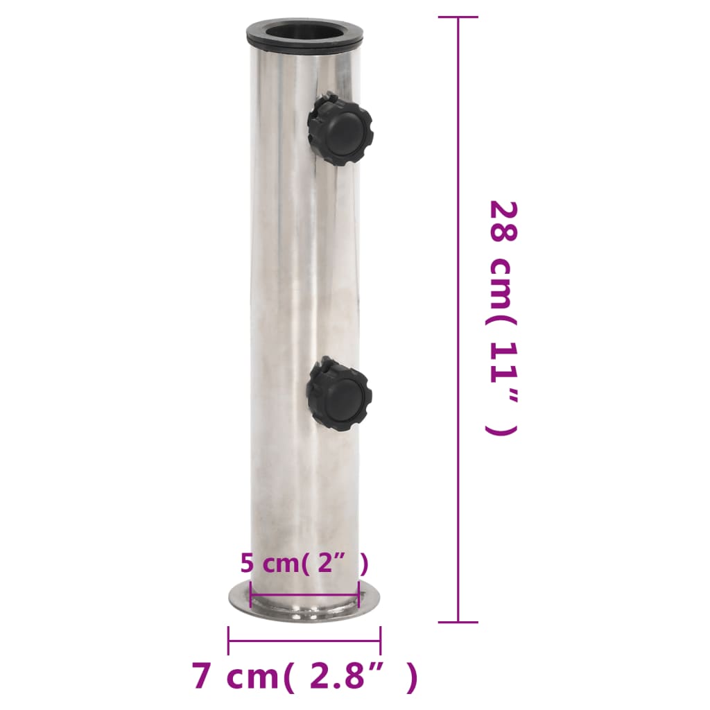 Detail van de zilverkleurige vidaXL parasolvoet met verstelbare buis voor Ø38/48 mm stokken.
