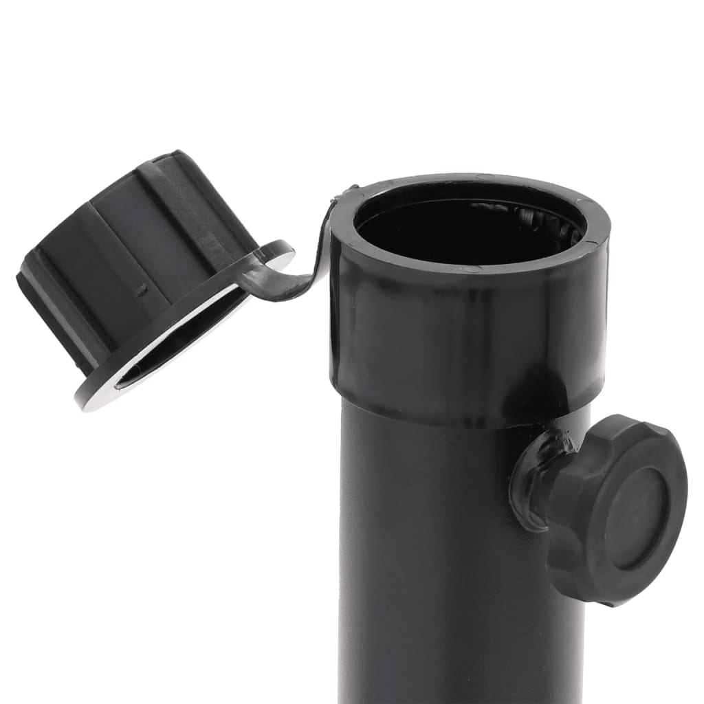 Detail van de zwarte vidaXL parasolvoet met open schroefdop en bevestigingsmechanisme.