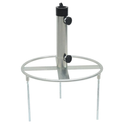 Zilverkleurige vidaXL parasolvoet met grondpennen voor stabiliteit en roestbescherming.