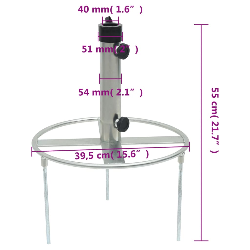 Detail van de vidaXL parasolvoet met grondpennen en afmetingen in centimeters.