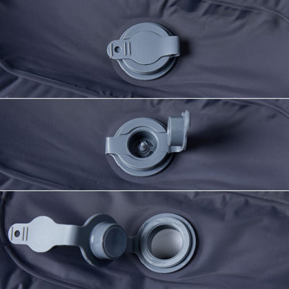 Detail van de zelfopblazende klep van het vidaXL kampeermatras in grijs.