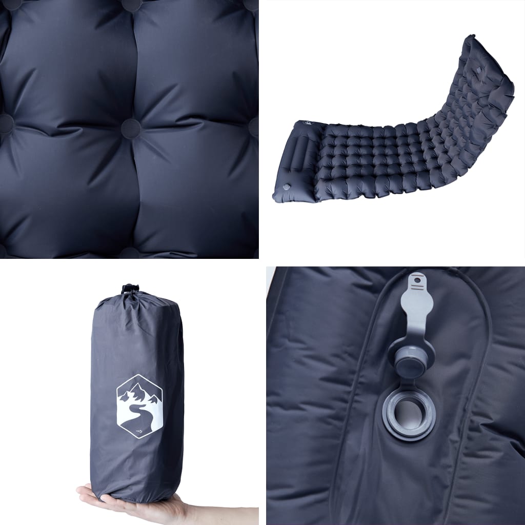 Detail van het grijze vidaXL zelfopblazende kampeermatras met kussen en ventiel.