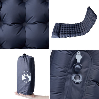 Detail van het grijze vidaXL zelfopblazende kampeermatras met kussen en ventiel.