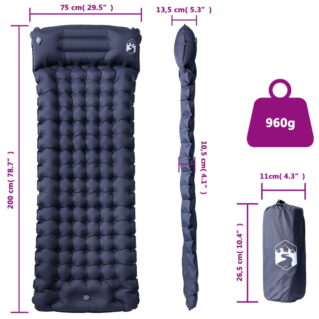 Detail van het vidaXL zelfopblazende kampeermatras met kussen, zijaanzicht en afmetingen.