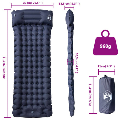 Detail van het vidaXL zelfopblazende kampeermatras met kussen, zijaanzicht en afmetingen.