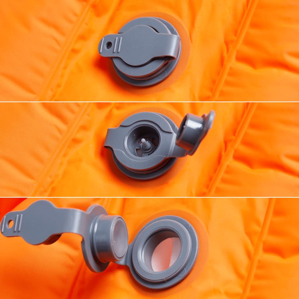 Detail van het zelfopblazende ventiel van het vidaXL kampeermatras in oranje.